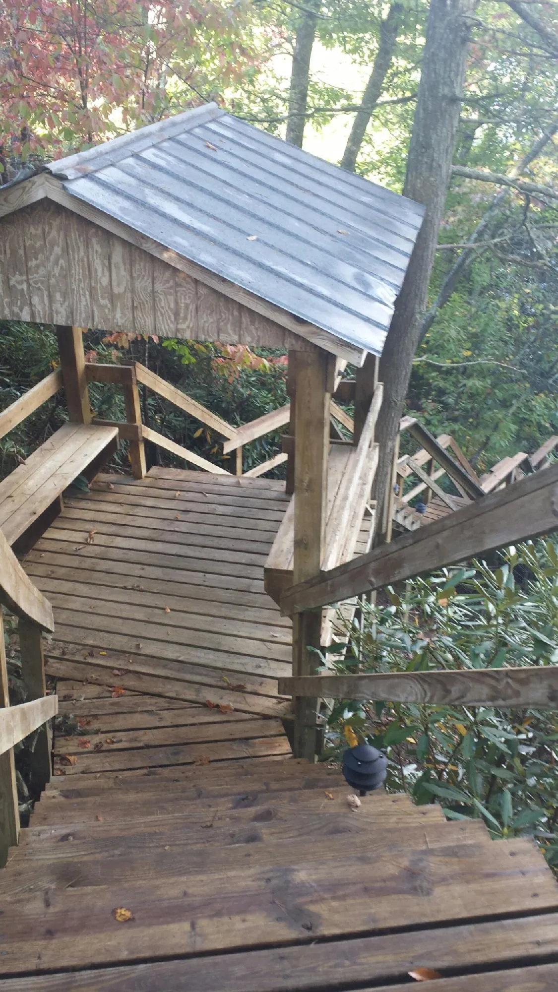 Metal roofed shelter over wooden steps on a wooded walkway — Skylight Repair & Installation work by our crew in Liberty Hill